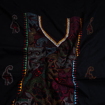 Black - Bengal Kantha Embroidery Cotton Kurta Material - (2.7m) 09