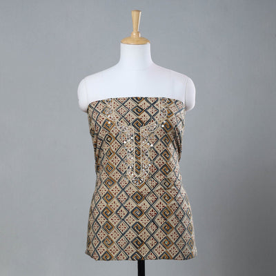 Beige - Bead Work Embroidery Kalamkari Block Printed Cotton Kurta Material - 2.5 meter