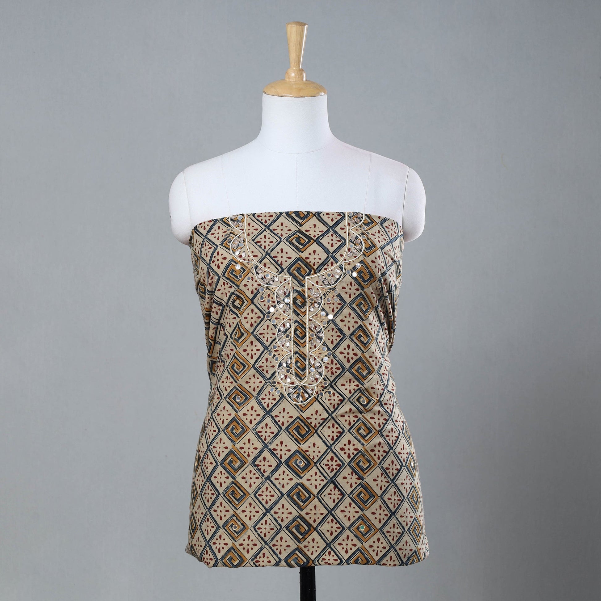 Beige - Bead Work Embroidery Kalamkari Block Printed Cotton Kurta Material - 2.5 meter