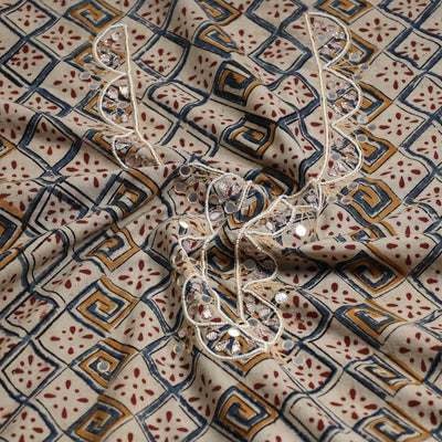 Beige - Bead Work Embroidery Kalamkari Block Printed Cotton Kurta Material - 2.5 meter