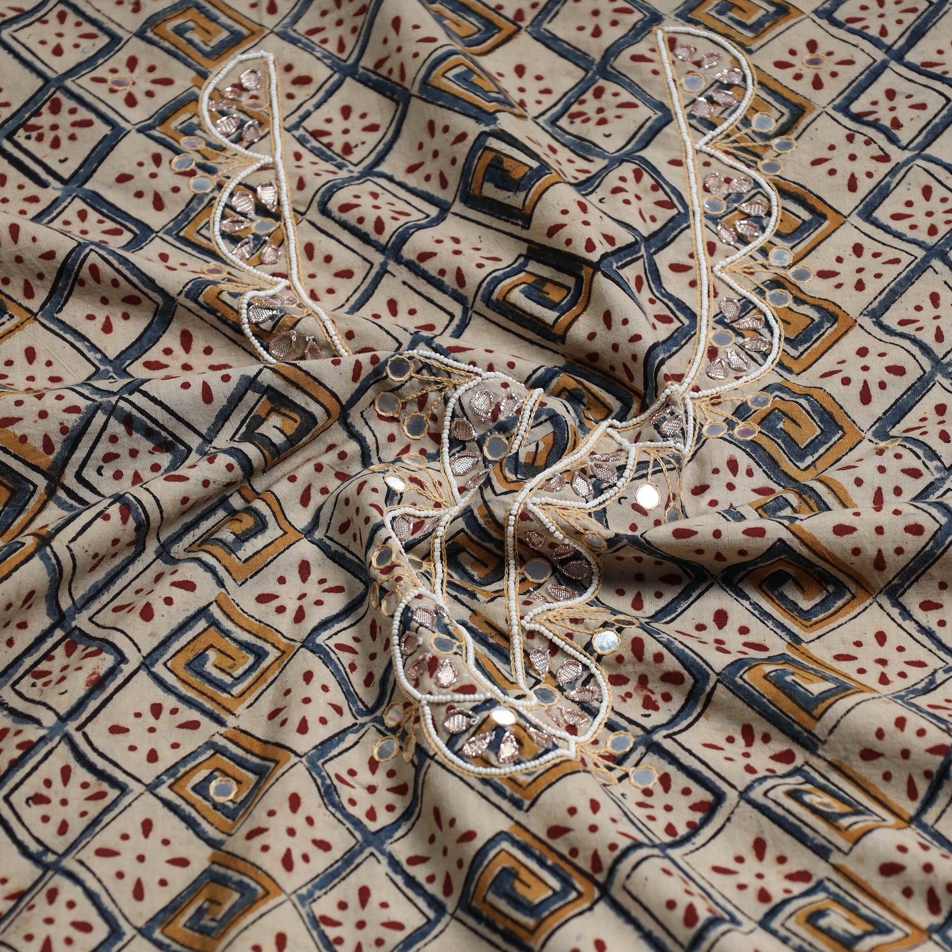 Beige - Bead Work Embroidery Kalamkari Block Printed Cotton Kurta Material - 2.5 meter