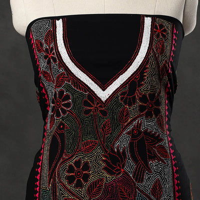 Black - Bengal Kantha Embroidery Cotton Kurta Material - (2.75m) 15
