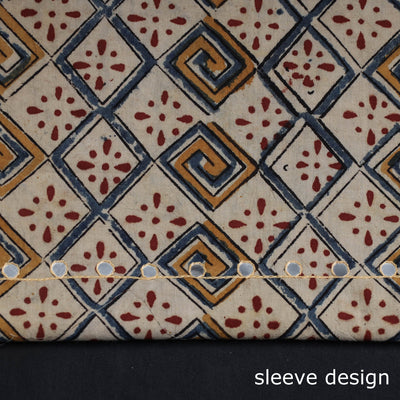 Beige - Bead Work Embroidery Kalamkari Block Printed Cotton Kurta Material - 2.5 meter