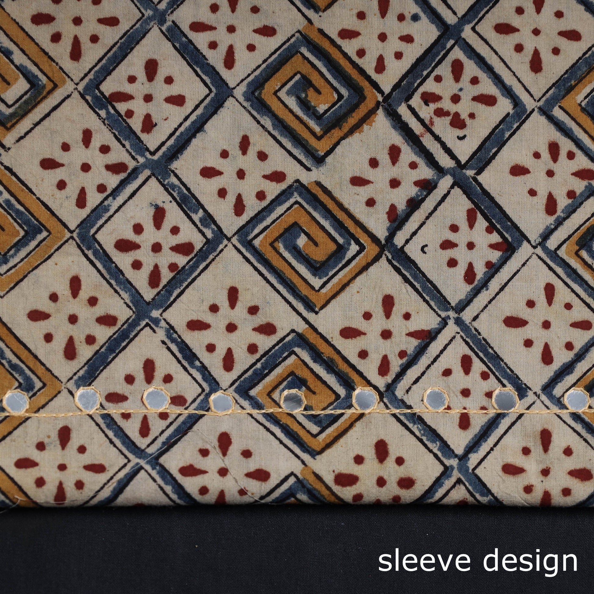 Beige - Bead Work Embroidery Kalamkari Block Printed Cotton Kurta Material - 2.5 meter
