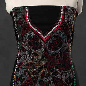 Black - Bengal Kantha Embroidery Cotton Kurta Material - (2.8m) 18