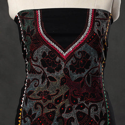 Black - Bengal Kantha Embroidery Cotton Kurta Material - (2.8m) 18