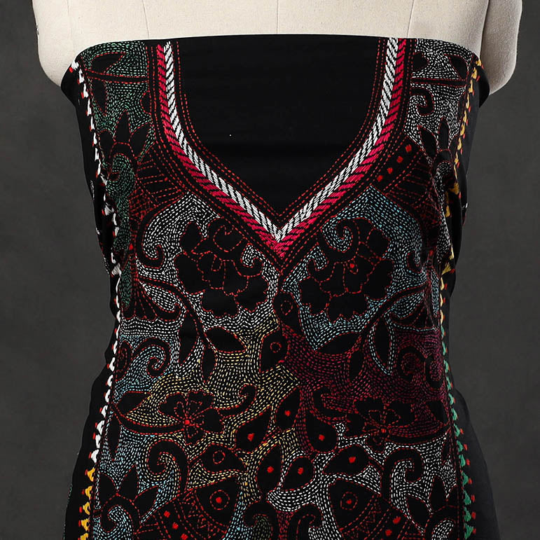 Black - Bengal Kantha Embroidery Cotton Kurta Material - (2.8m) 18