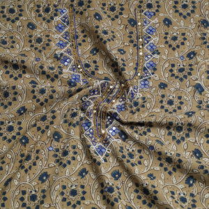 Beige - Bead Work Embroidery Ajrakh Block Printed Cotton Kurta Material - 2.6 meter