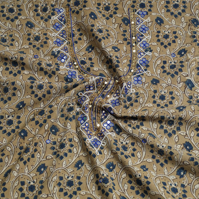 Beige - Bead Work Embroidery Ajrakh Block Printed Cotton Kurta Material - 2.6 meter