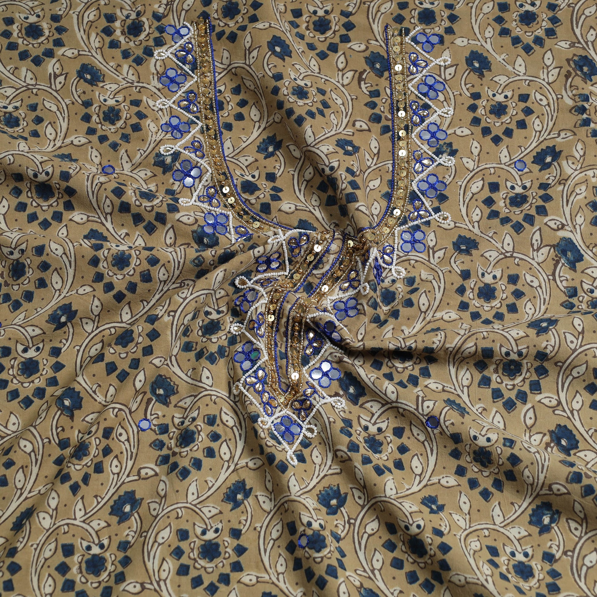 Beige - Bead Work Embroidery Ajrakh Block Printed Cotton Kurta Material - 2.6 meter