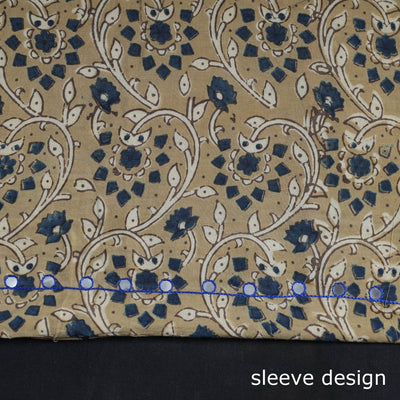 Beige - Bead Work Embroidery Ajrakh Block Printed Cotton Kurta Material - 2.6 meter