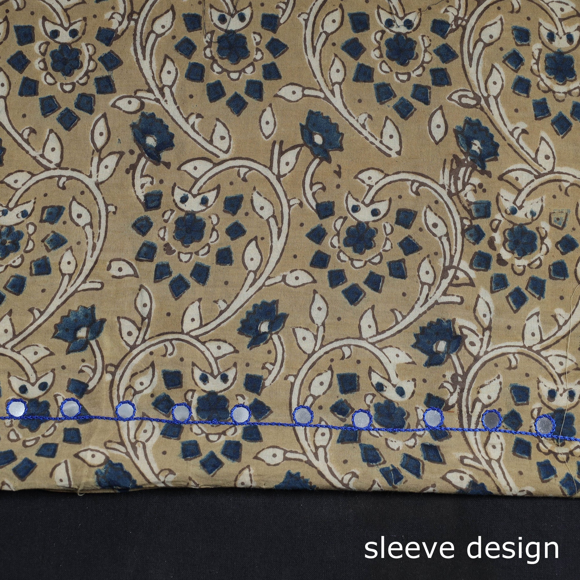 Beige - Bead Work Embroidery Ajrakh Block Printed Cotton Kurta Material - 2.6 meter