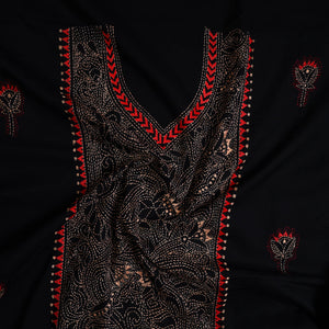 Black - Bengal Kantha Embroidery Cotton Kurta Material - (2.8m) 17