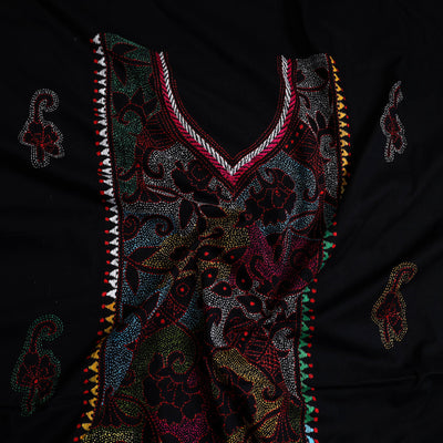 Black - Bengal Kantha Embroidery Cotton Kurta Material - (2.8m) 18
