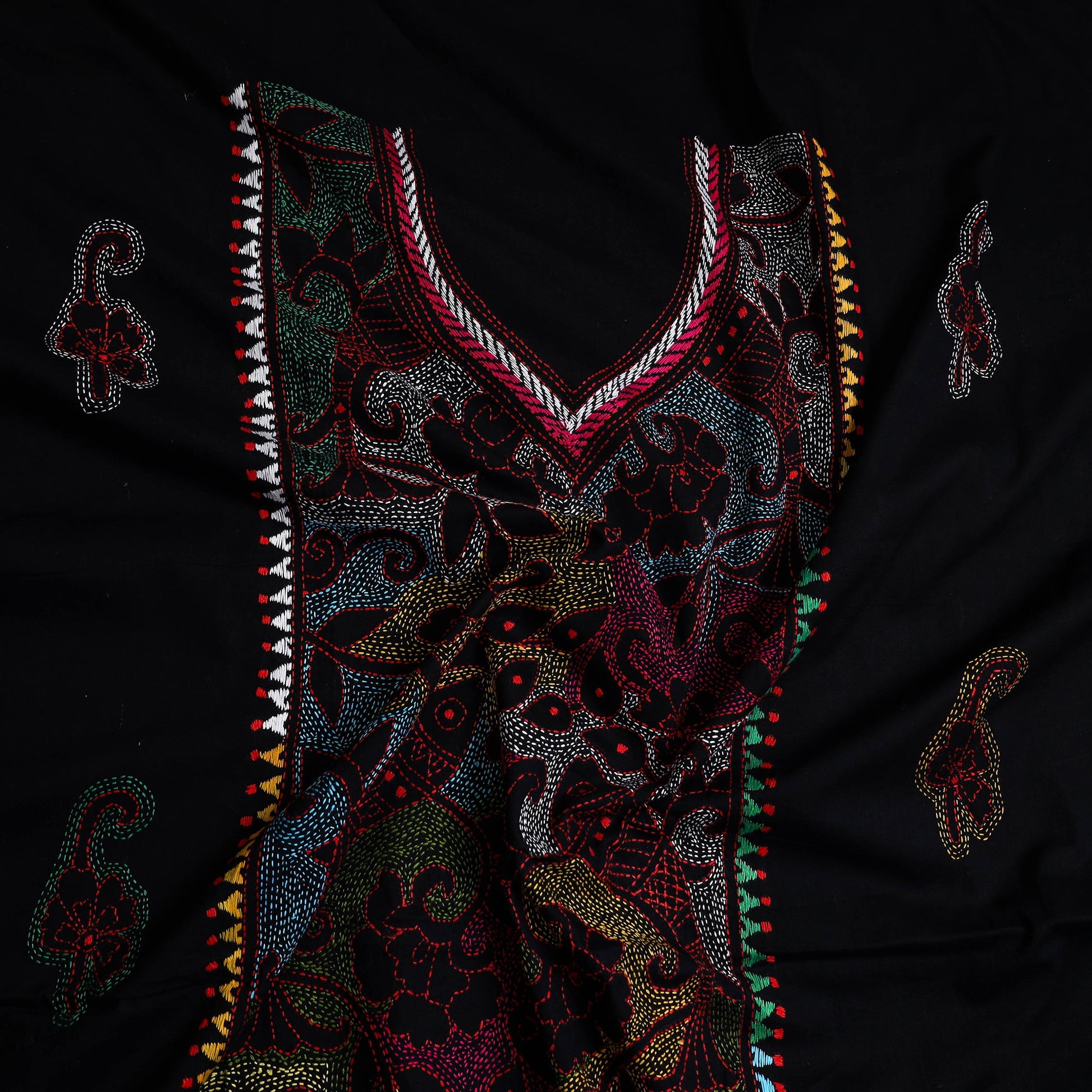 Black - Bengal Kantha Embroidery Cotton Kurta Material - (2.8m) 18
