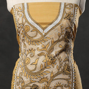 Beige - Bengal Kantha Embroidery Cotton Kurta Material - (2.75m) 25