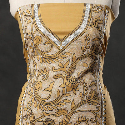 Beige - Bengal Kantha Embroidery Cotton Kurta Material - (2.75m) 25