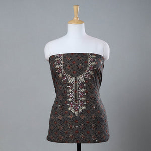 Black - Bead Work Embroidery Ajrakh Block Printed Cotton Kurta Material - 2.6 meter