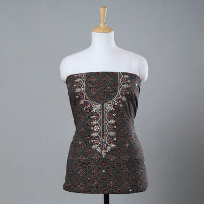 Black - Bead Work Embroidery Ajrakh Block Printed Cotton Kurta Material - 2.6 meter