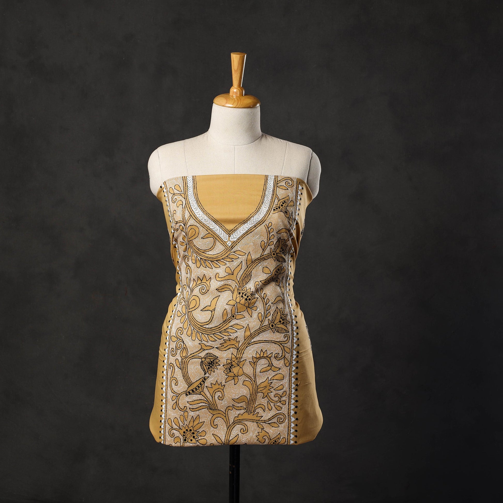 Beige - Bengal Kantha Embroidery Cotton Kurta Material - (2.75m) 25
