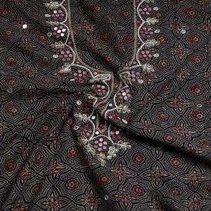 Black - Bead Work Embroidery Ajrakh Block Printed Cotton Kurta Material - 2.6 meter