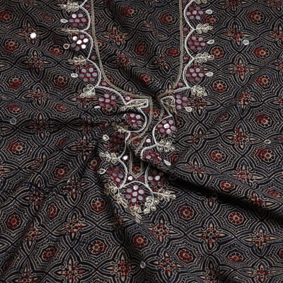 Black - Bead Work Embroidery Ajrakh Block Printed Cotton Kurta Material - 2.6 meter