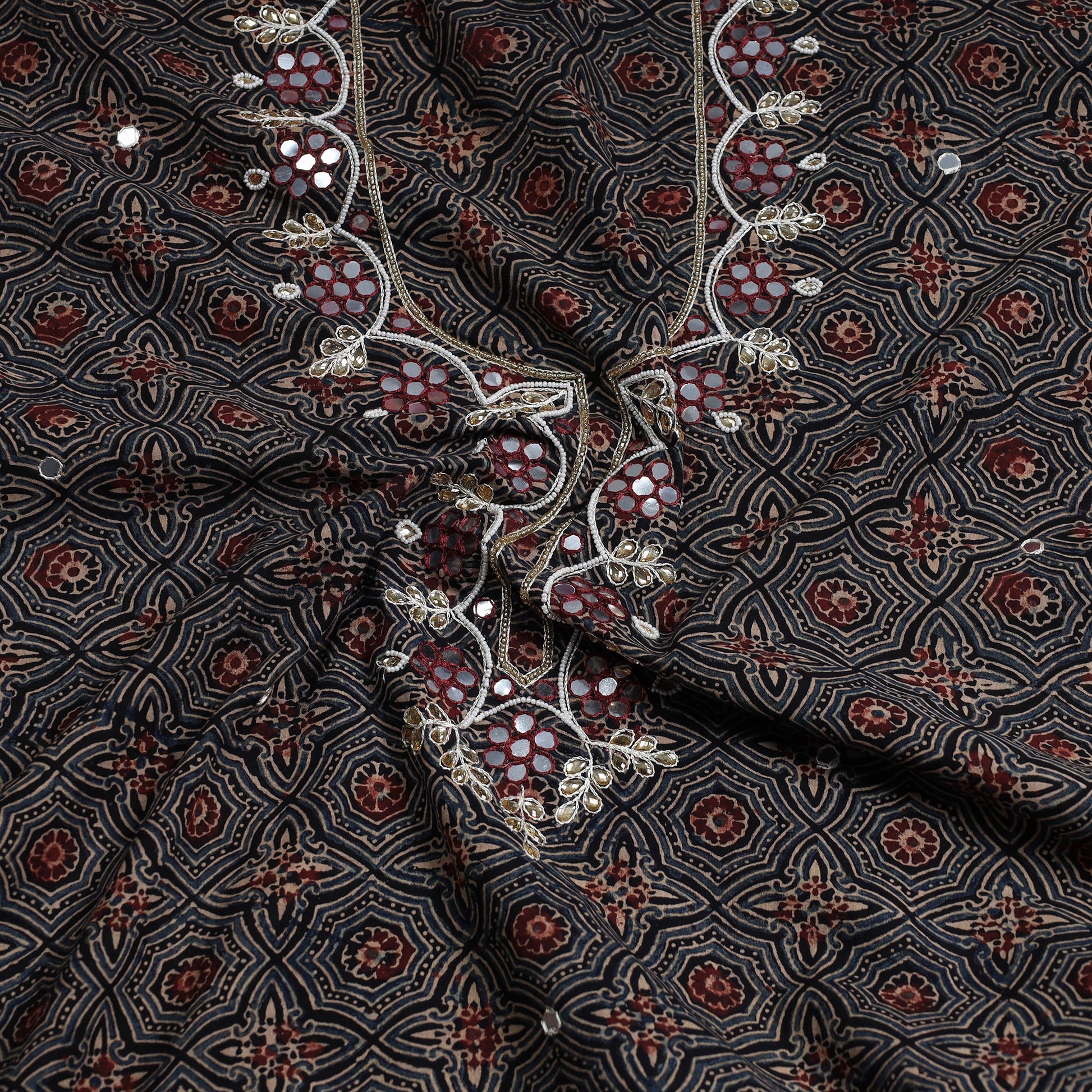 Black - Bead Work Embroidery Ajrakh Block Printed Cotton Kurta Material - 2.6 meter