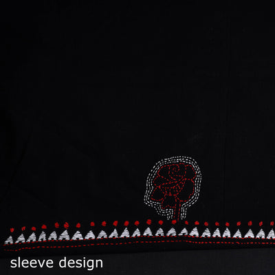 Black - Bengal Kantha Embroidery Cotton Kurta Material - (2.75m) 22