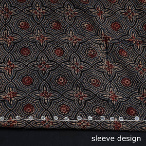 Black - Bead Work Embroidery Ajrakh Block Printed Cotton Kurta Material - 2.6 meter