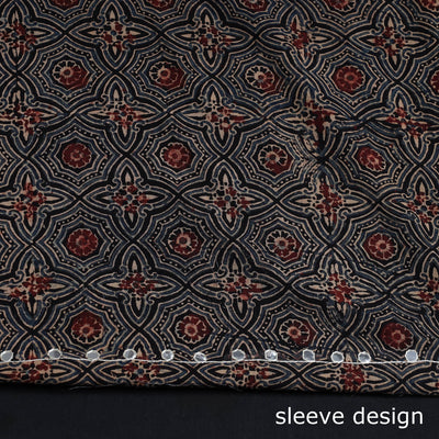 Black - Bead Work Embroidery Ajrakh Block Printed Cotton Kurta Material - 2.6 meter