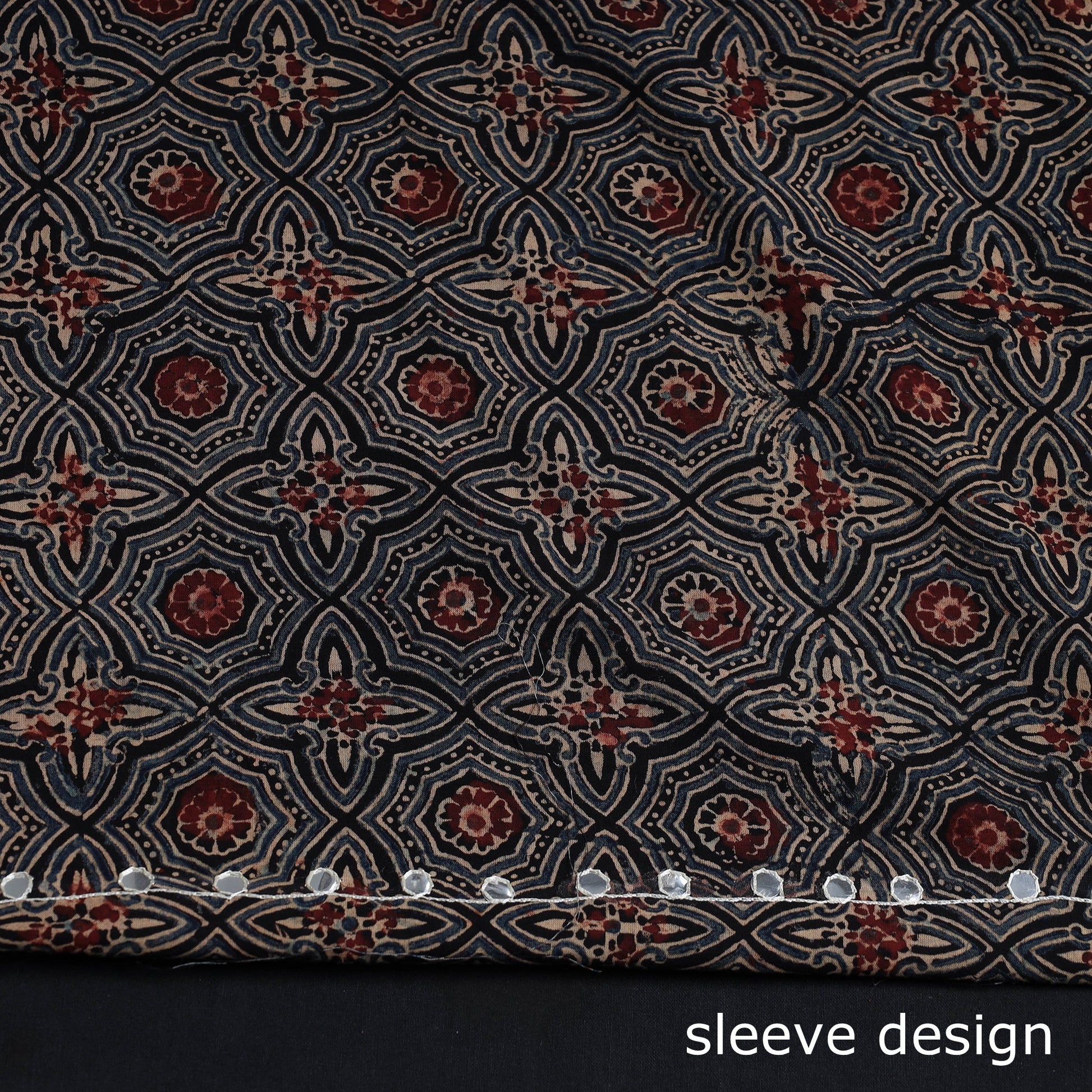 Black - Bead Work Embroidery Ajrakh Block Printed Cotton Kurta Material - 2.6 meter