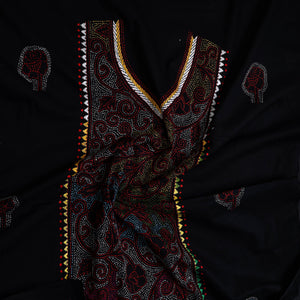 Black - Bengal Kantha Embroidery Cotton Kurta Material - (2.75m) 22