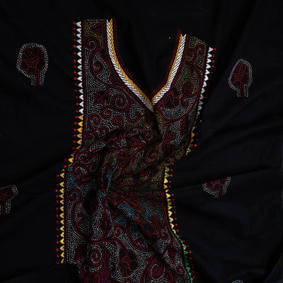 Black - Bengal Kantha Embroidery Cotton Kurta Material - (2.75m) 22