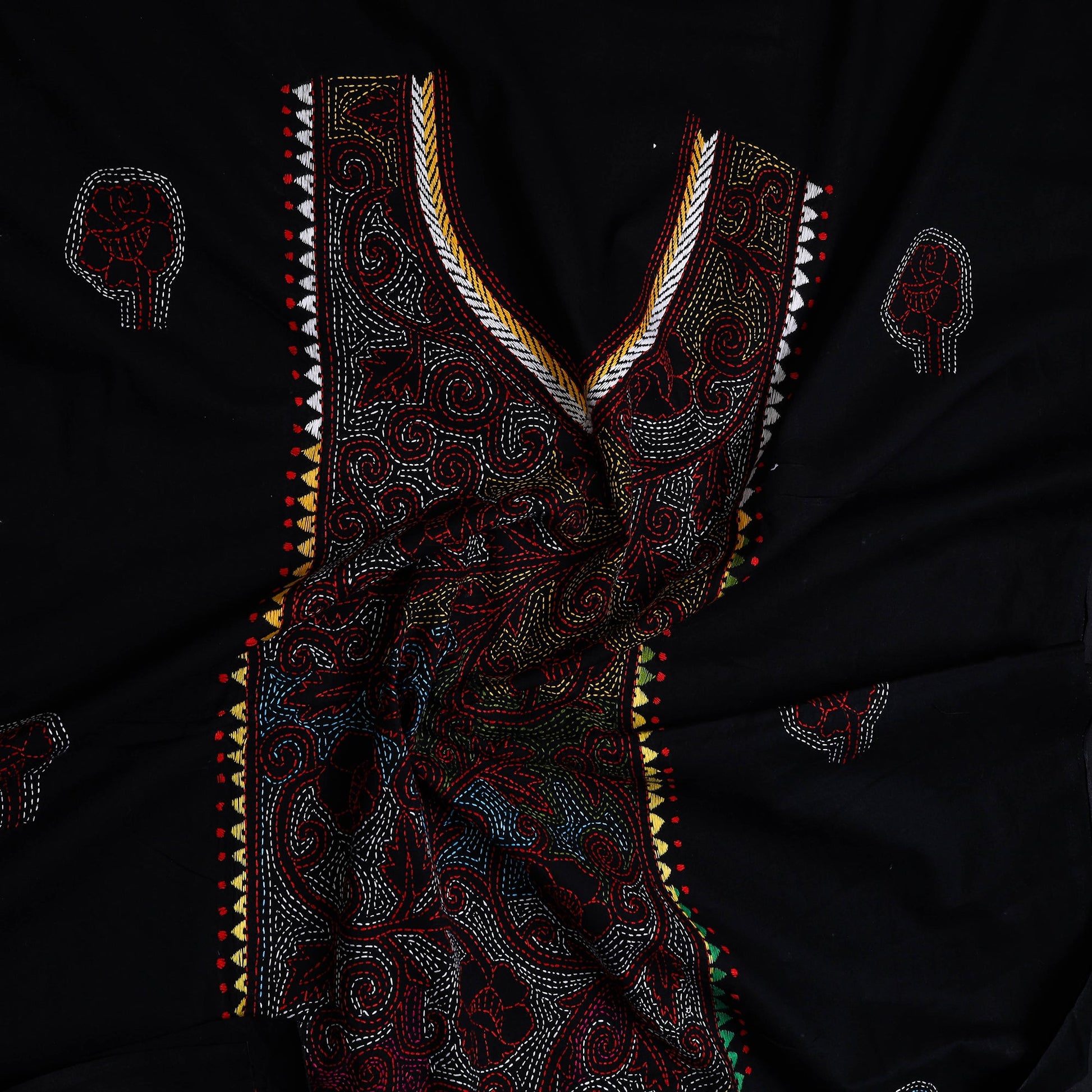 Black - Bengal Kantha Embroidery Cotton Kurta Material - (2.75m) 22