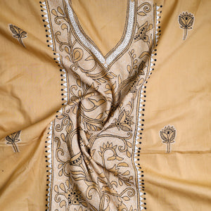 Beige - Bengal Kantha Embroidery Cotton Kurta Material - (2.75m) 25