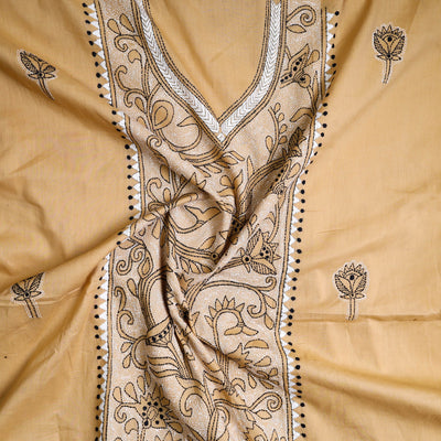 Beige - Bengal Kantha Embroidery Cotton Kurta Material - (2.75m) 25