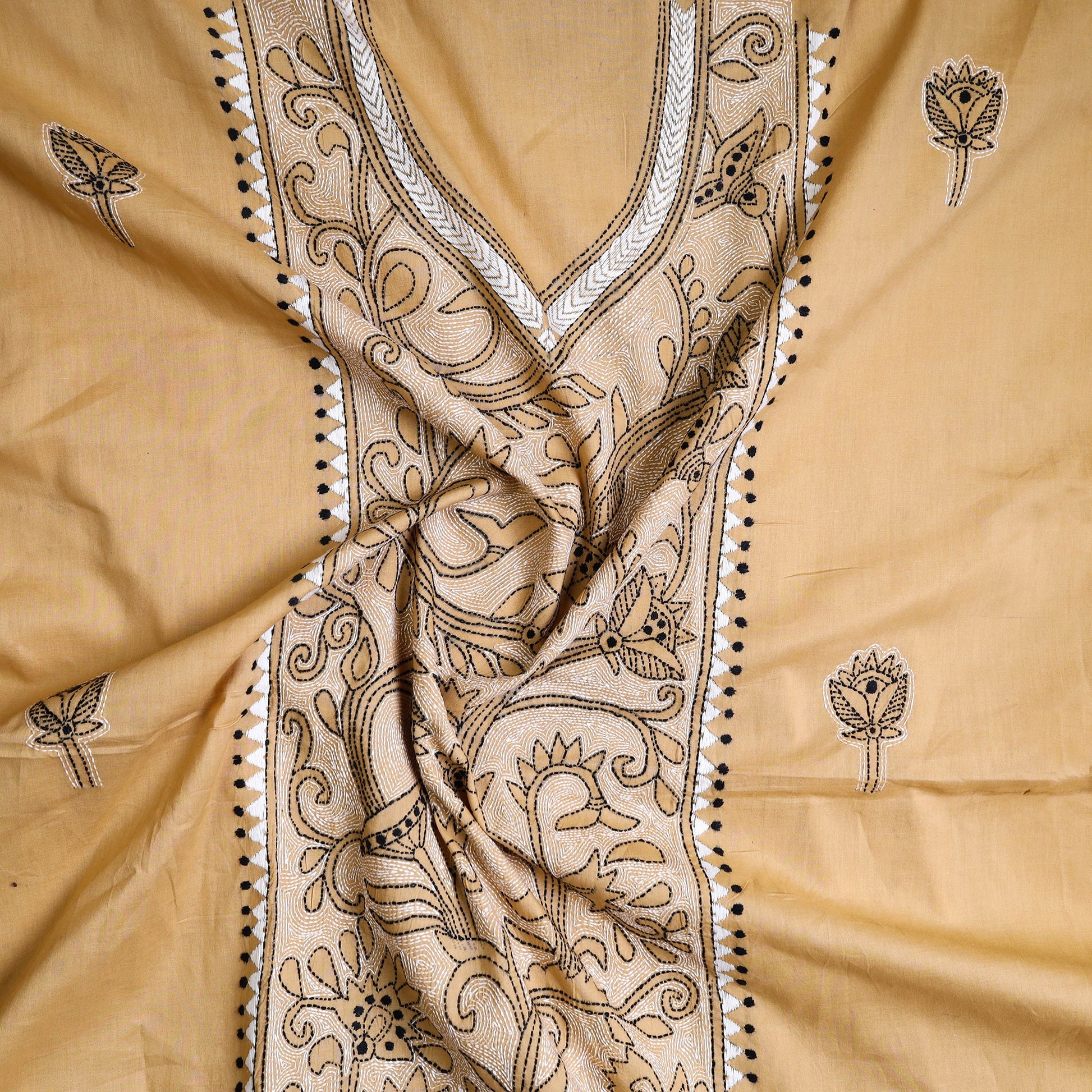 Beige - Bengal Kantha Embroidery Cotton Kurta Material - (2.75m) 25