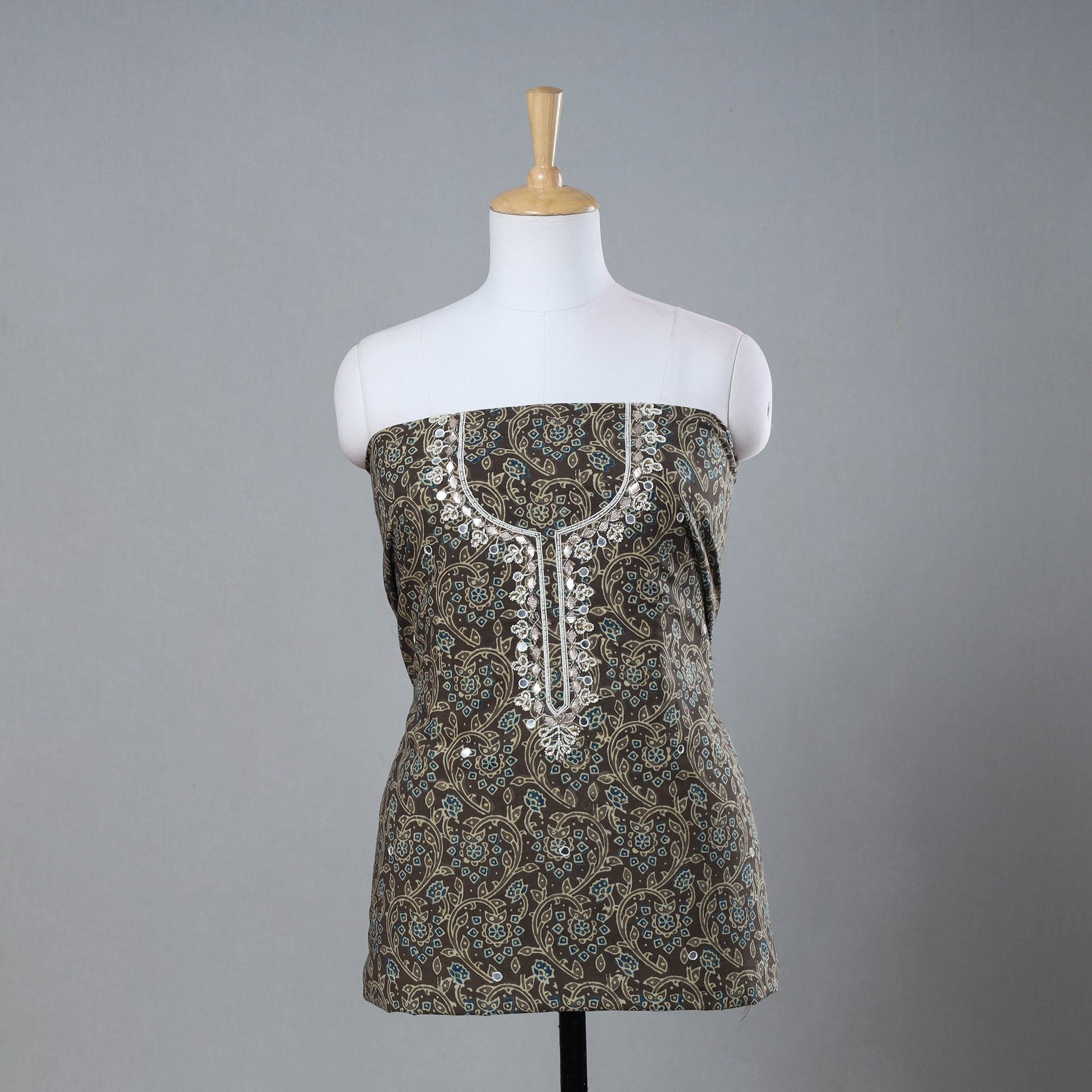 Brown - Gota Patti & Bead Work Embroidery Ajrakh Block Printed Cotton Kurta Material - 2.5 meter