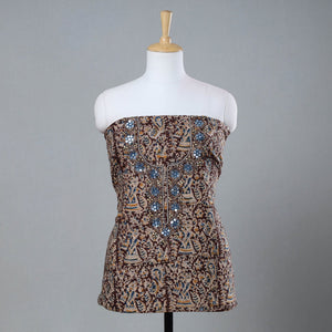 Brown - Bead Work Embroidery Kalamkari Block Printed Cotton Kurta Material - 2.5 meter