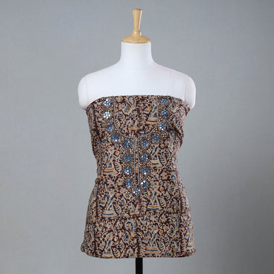 Brown - Bead Work Embroidery Kalamkari Block Printed Cotton Kurta Material - 2.5 meter