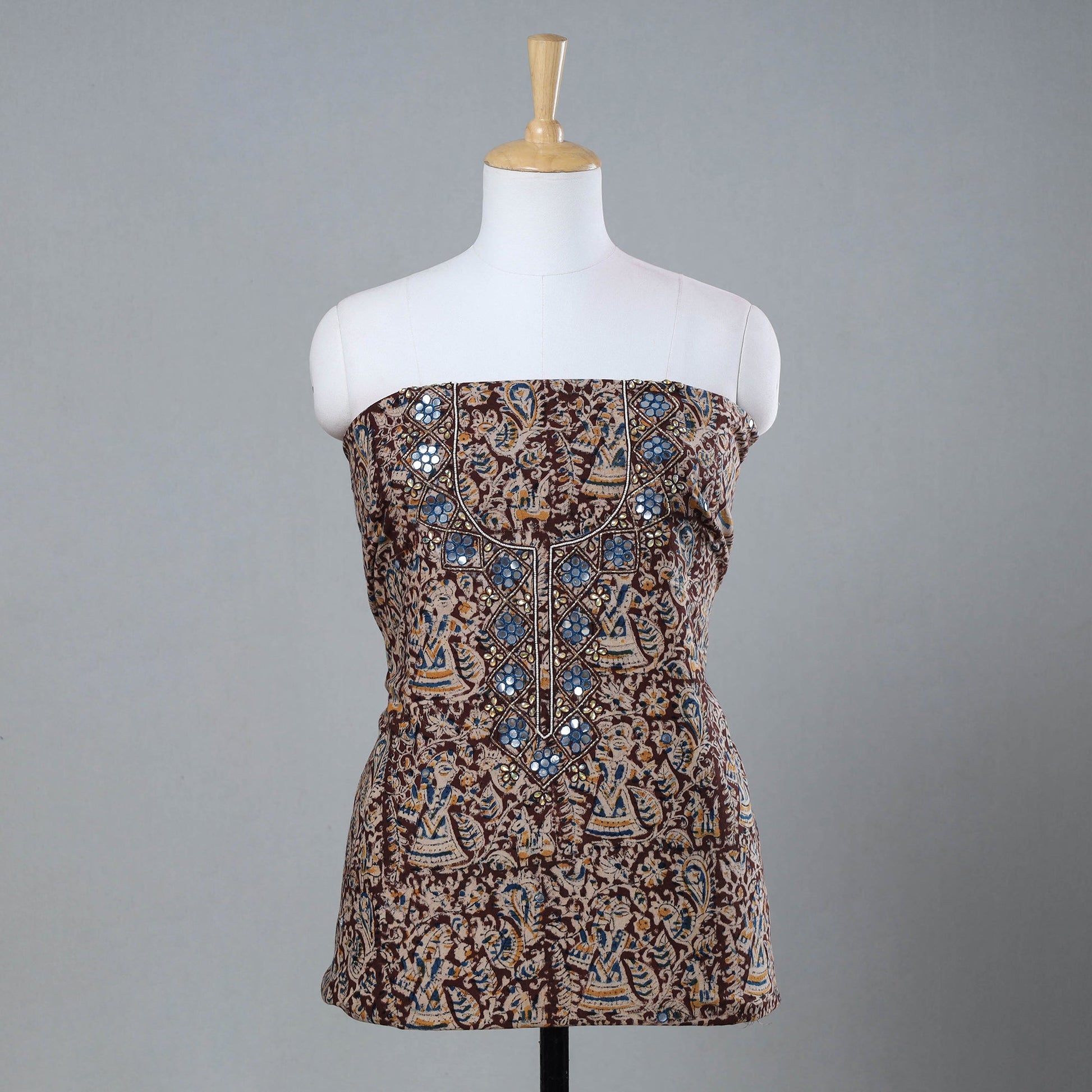 Brown - Bead Work Embroidery Kalamkari Block Printed Cotton Kurta Material - 2.5 meter
