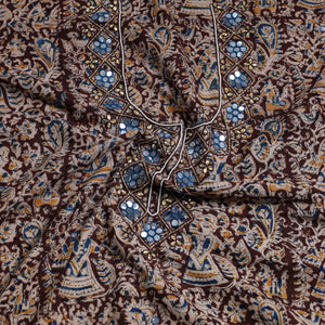 Brown - Bead Work Embroidery Kalamkari Block Printed Cotton Kurta Material - 2.5 meter