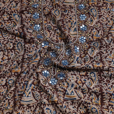 Brown - Bead Work Embroidery Kalamkari Block Printed Cotton Kurta Material - 2.5 meter