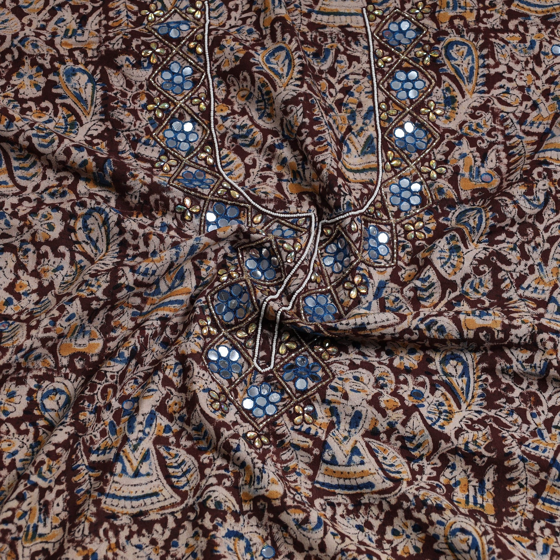 Brown - Bead Work Embroidery Kalamkari Block Printed Cotton Kurta Material - 2.5 meter