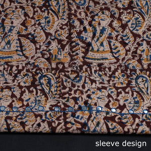 Brown - Bead Work Embroidery Kalamkari Block Printed Cotton Kurta Material - 2.5 meter
