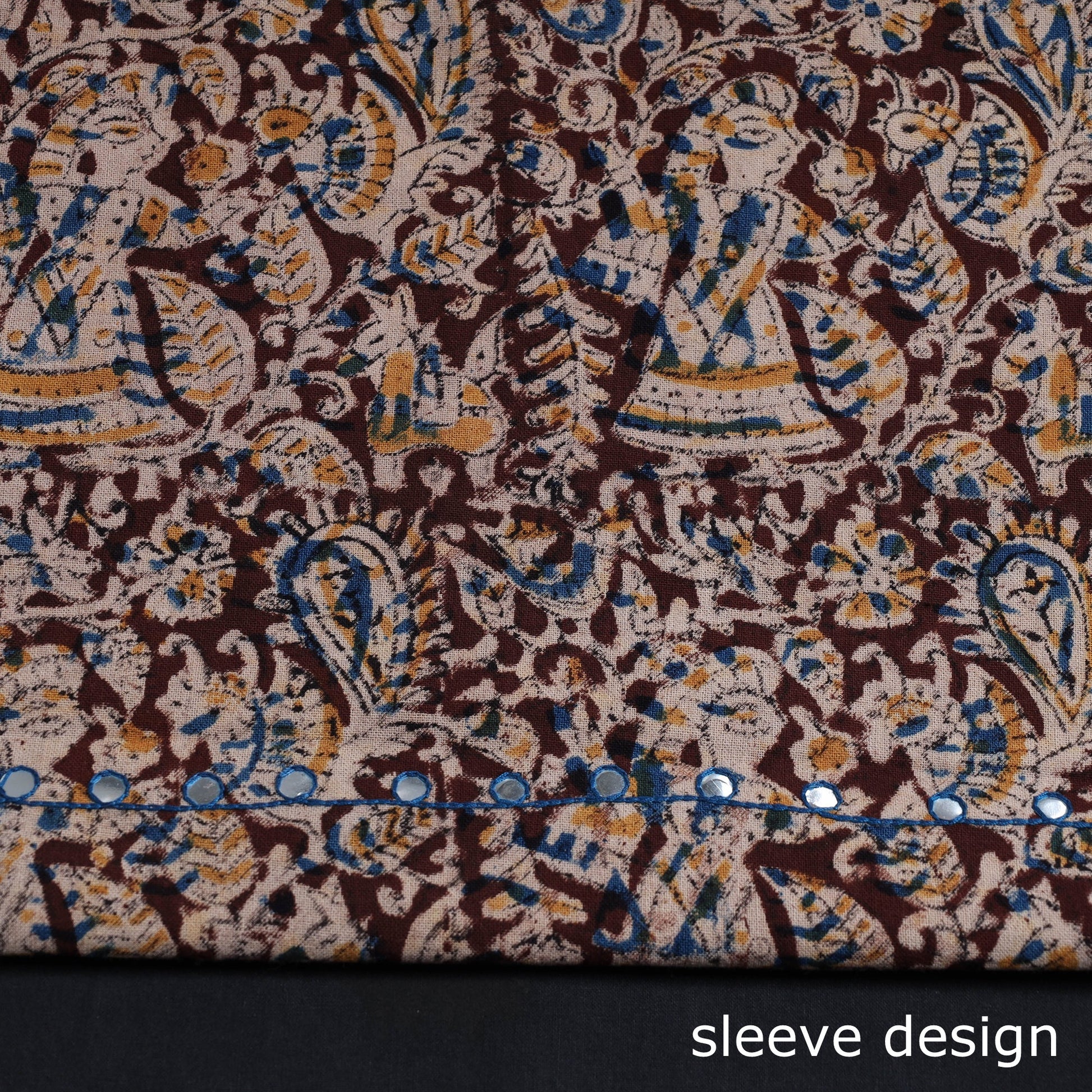 Brown - Bead Work Embroidery Kalamkari Block Printed Cotton Kurta Material - 2.5 meter