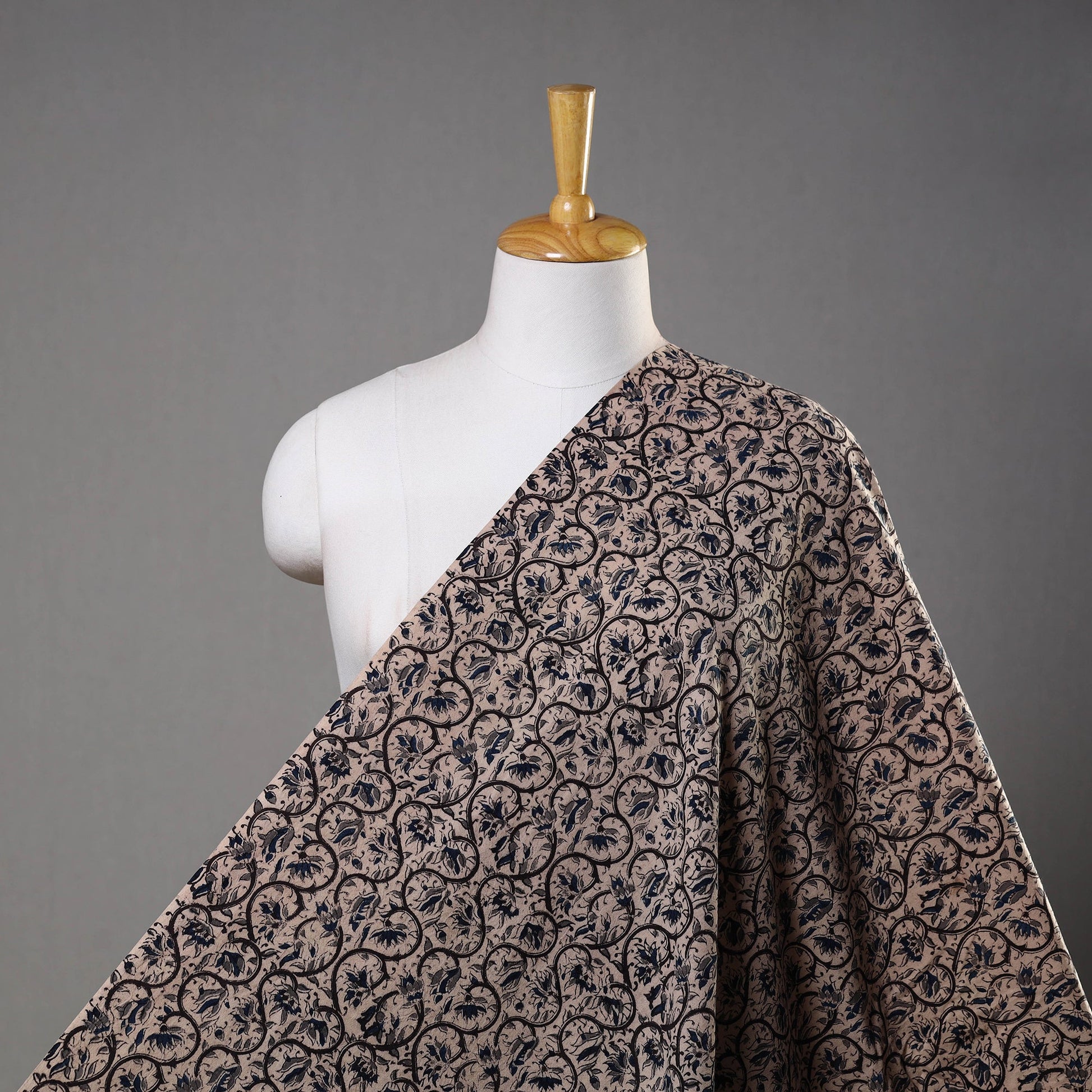 Beige - Pedana Block Printed Cotton Kalamkari Fabric 07