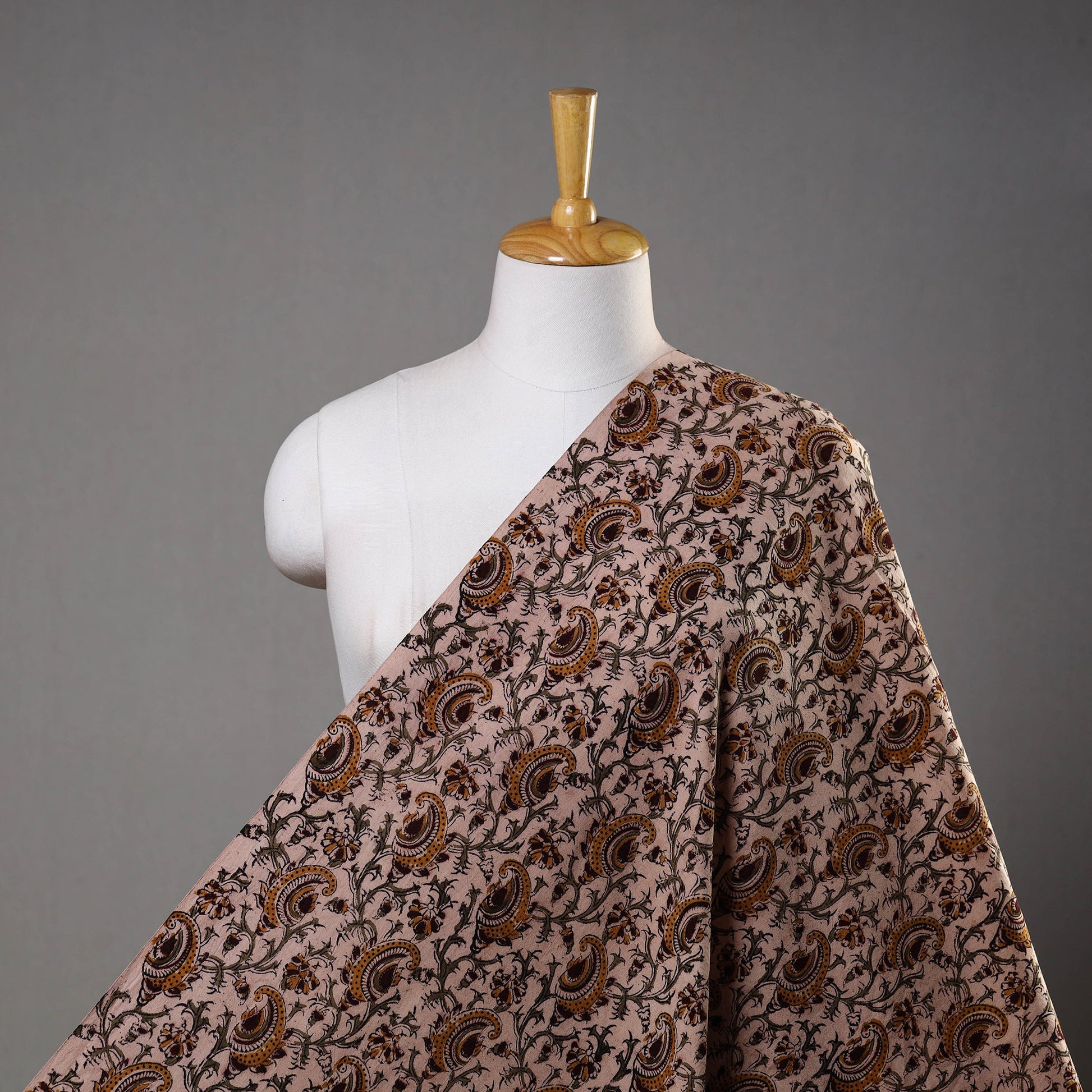 Beige - Pedana Block Printed Cotton Kalamkari Fabric 08