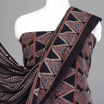 Black - 3pc Ajrakh Hand Block Printed Cotton Suit Material Set