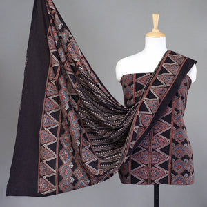 Black - 3pc Ajrakh Hand Block Printed Cotton Suit Material Set